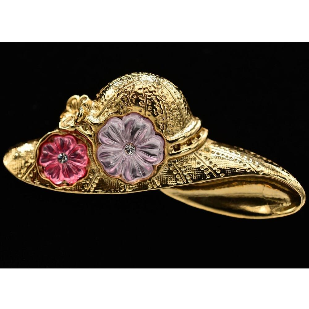 1928 Vintage Hat Pin Brooch Pink Purple Flower Floral Gold Tone 80s 1990s BinB